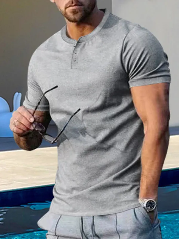 Men's Short Sleeve Henley Round Neck Slim Fit Athletic T-Shirt