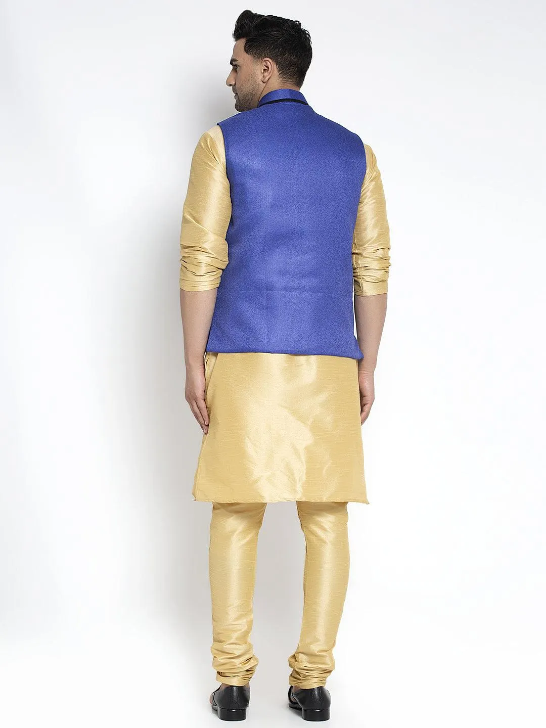 Men's Silk Blend Gold Kurta With Pyjama & Royal Blue Nehru Jacket - Benstoke