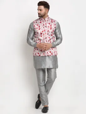 Men's Silk Blend Grey Kurta With Pyjama & Navy Blue Printed Nehru Jacket - Benstoke