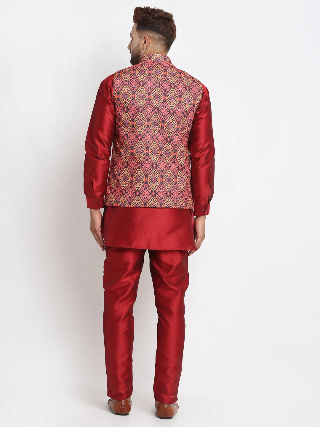 Men's Silk Blend Maroon Kurta With Pyjama & Rust Printed Nehru Jacket - Benstoke