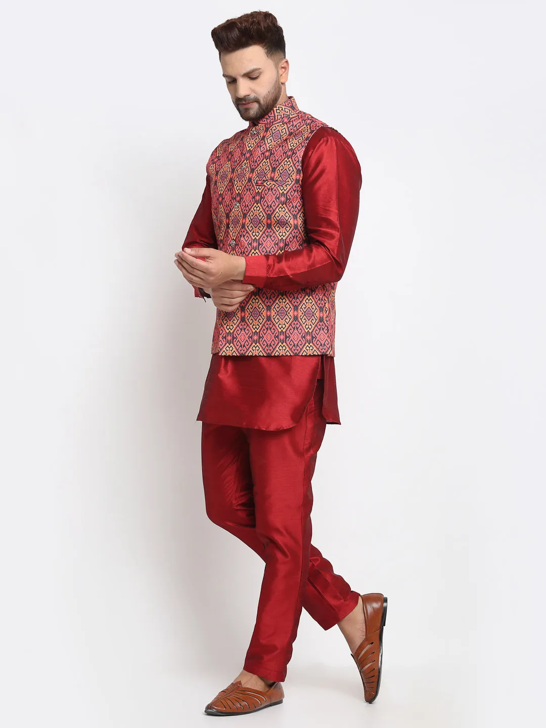 Men's Silk Blend Maroon Kurta With Pyjama & Rust Printed Nehru Jacket - Benstoke