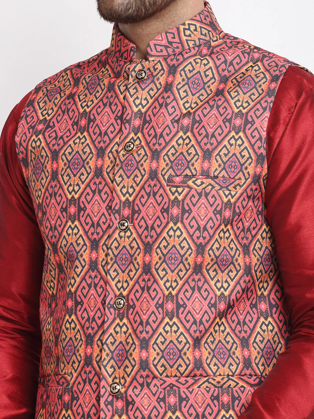 Men's Silk Blend Maroon Kurta With Pyjama & Rust Printed Nehru Jacket - Benstoke