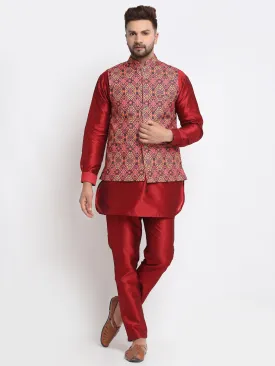 Men's Silk Blend Maroon Kurta With Pyjama & Rust Printed Nehru Jacket - Benstoke