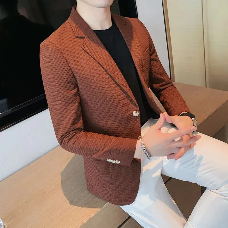 Men's Single Breasted Slim Fit Blazer Waffle Jacket: High-Quality Casual/Formal Suit Coat