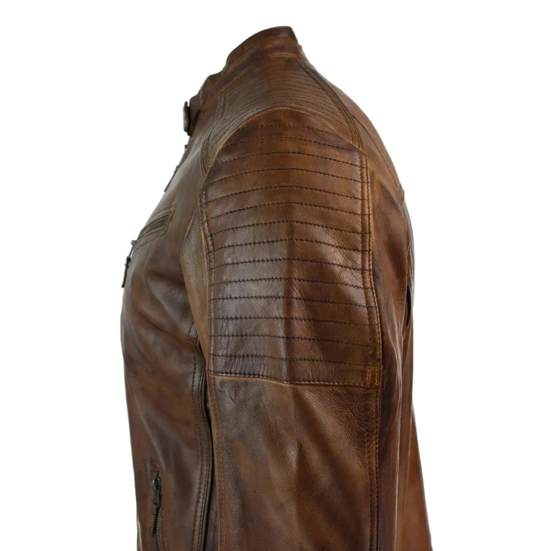 Mens Slim Fit Real Leather Vintage Retro Tan Brown Washed Biker Jacket Casual