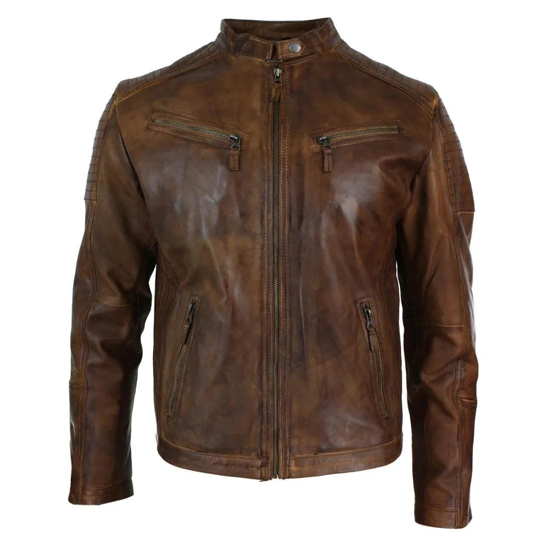 Mens Slim Fit Real Leather Vintage Retro Tan Brown Washed Biker Jacket Casual