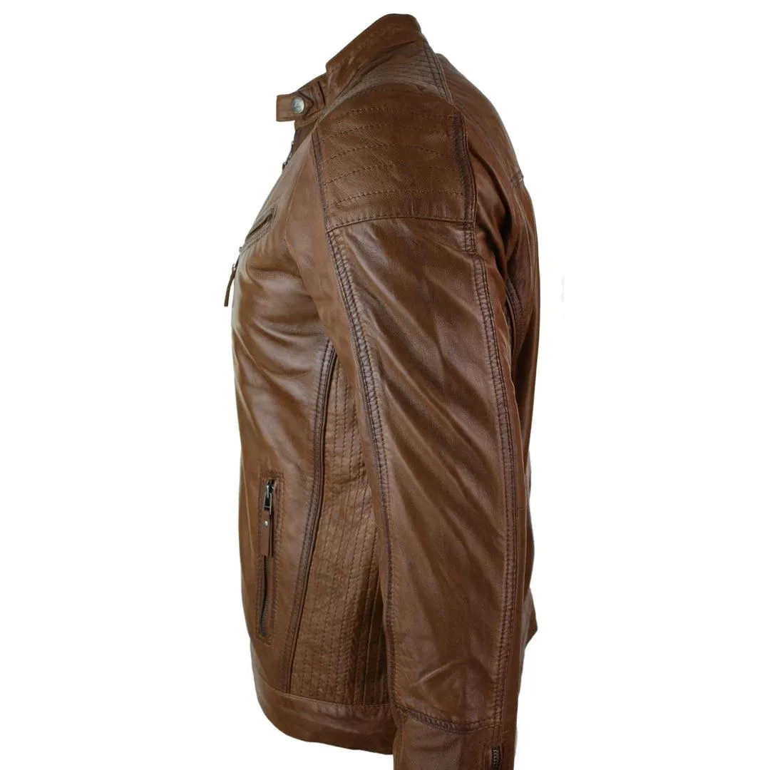 Mens Slim Fit Real Leather Vintage Retro Tan Brown Washed Biker Jacket Casual