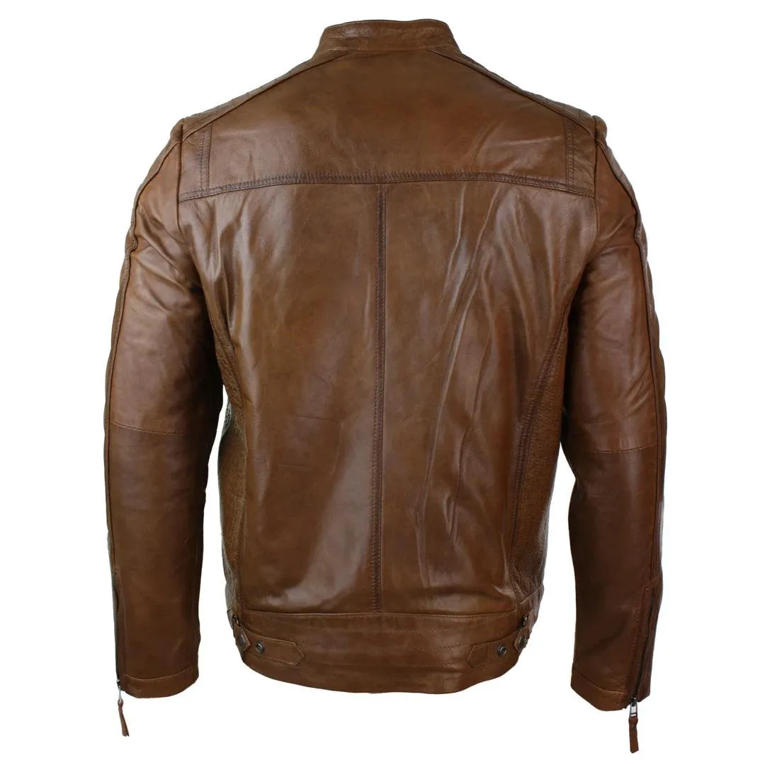 Mens Slim Fit Real Leather Vintage Retro Tan Brown Washed Biker Jacket Casual