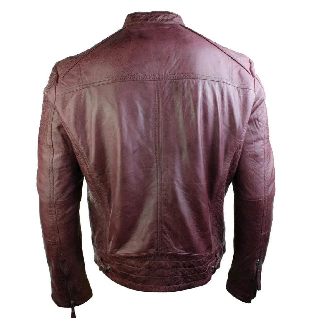 Mens Slim Fit Real Leather Vintage Retro Tan Brown Washed Biker Jacket Casual