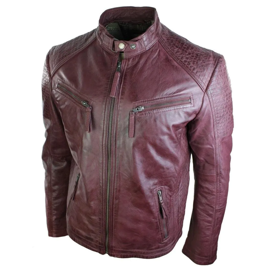 Mens Slim Fit Real Leather Vintage Retro Tan Brown Washed Biker Jacket Casual