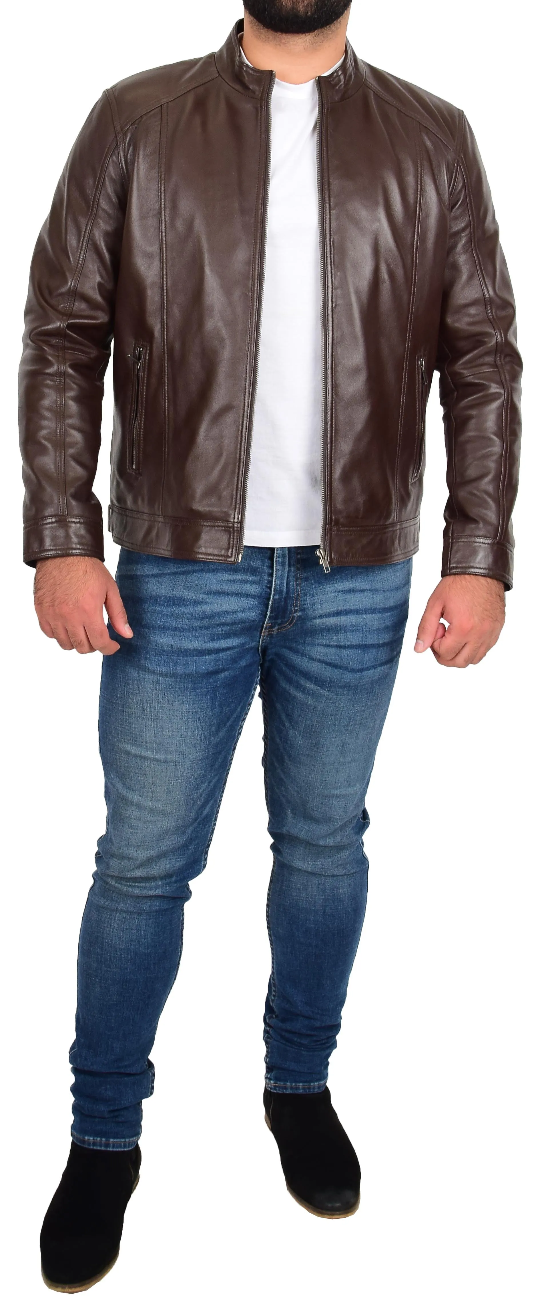 Mens Soft Brown Leather Casual Zip Fasten Jacket Nobel