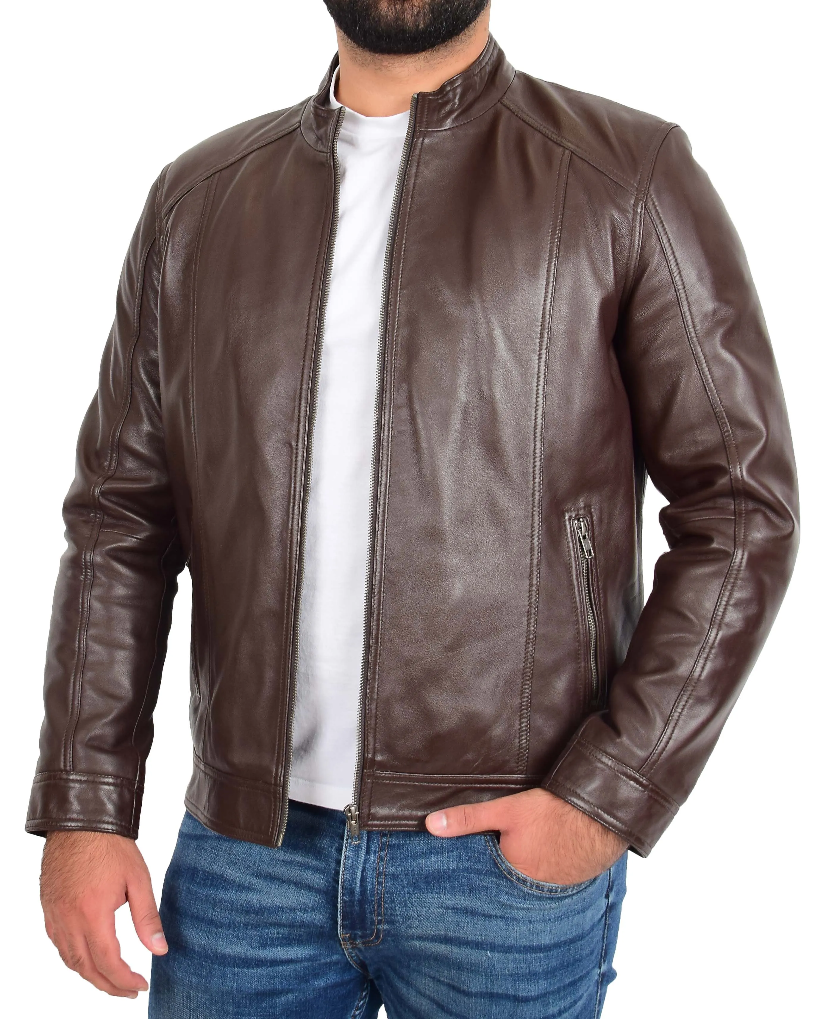 Mens Soft Brown Leather Casual Zip Fasten Jacket Nobel