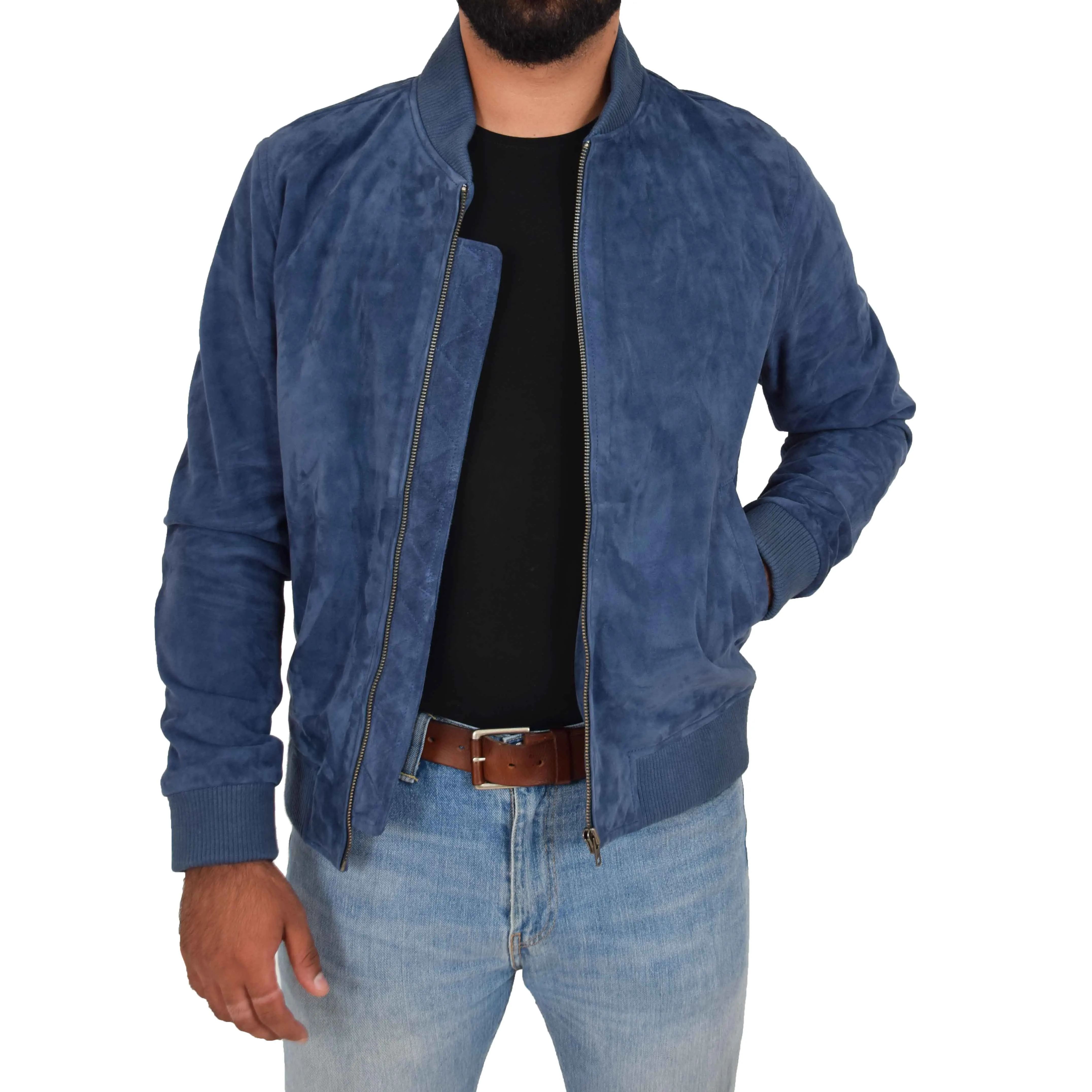 Mens Soft Goat Suede Bomber Varsity Baseball Jacket Blur Blue