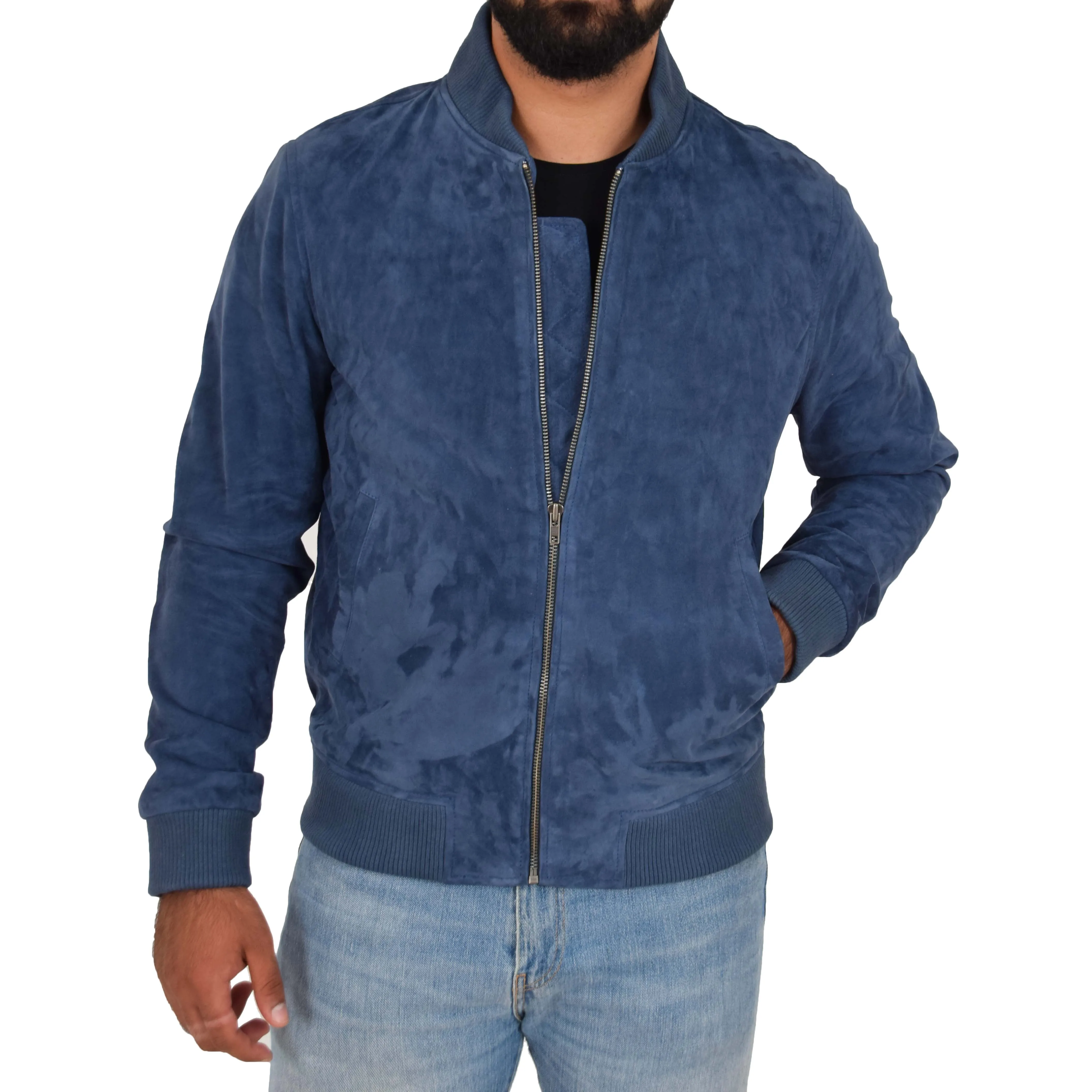 Mens Soft Goat Suede Bomber Varsity Baseball Jacket Blur Blue