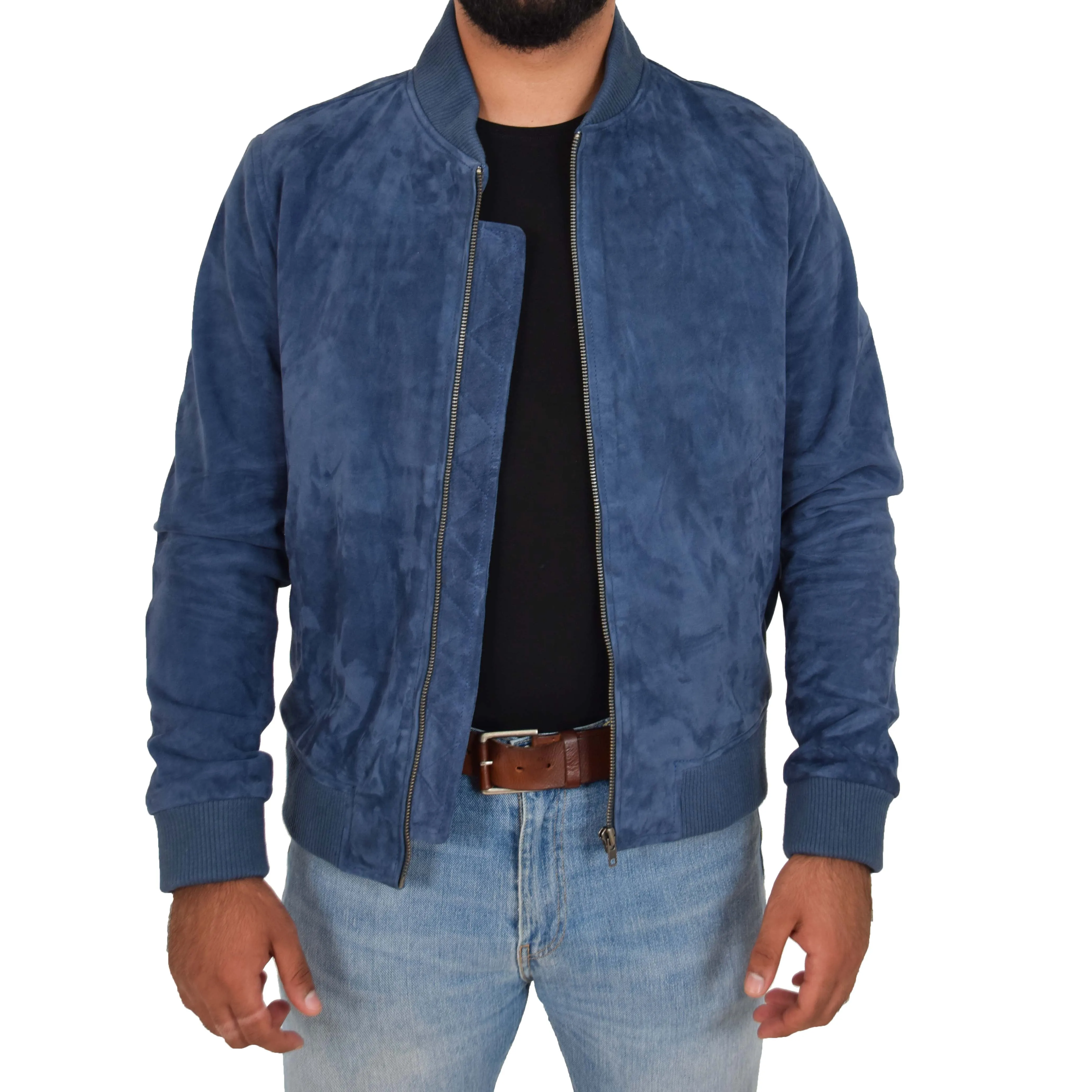 Mens Soft Goat Suede Bomber Varsity Baseball Jacket Blur Blue