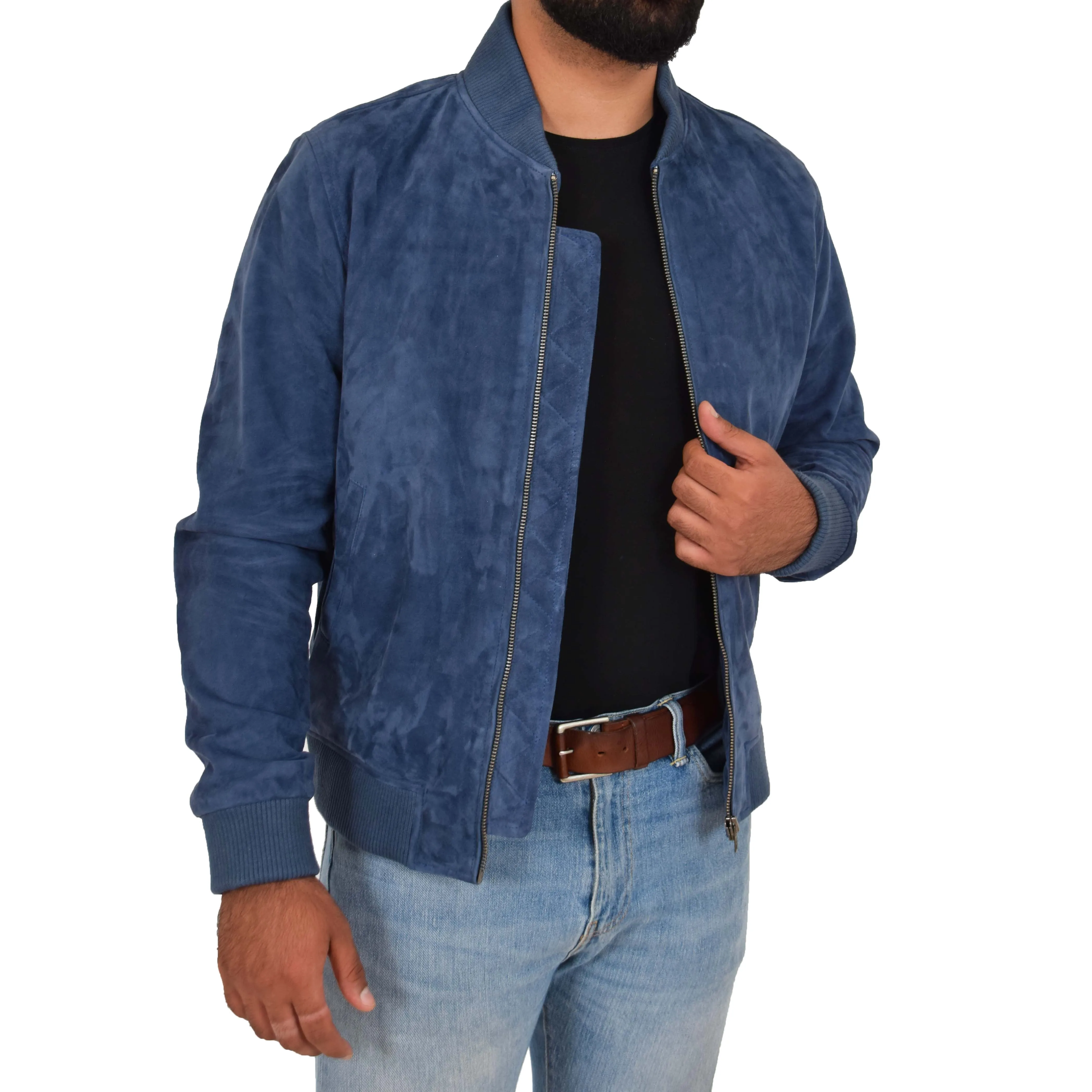 Mens Soft Goat Suede Bomber Varsity Baseball Jacket Blur Blue