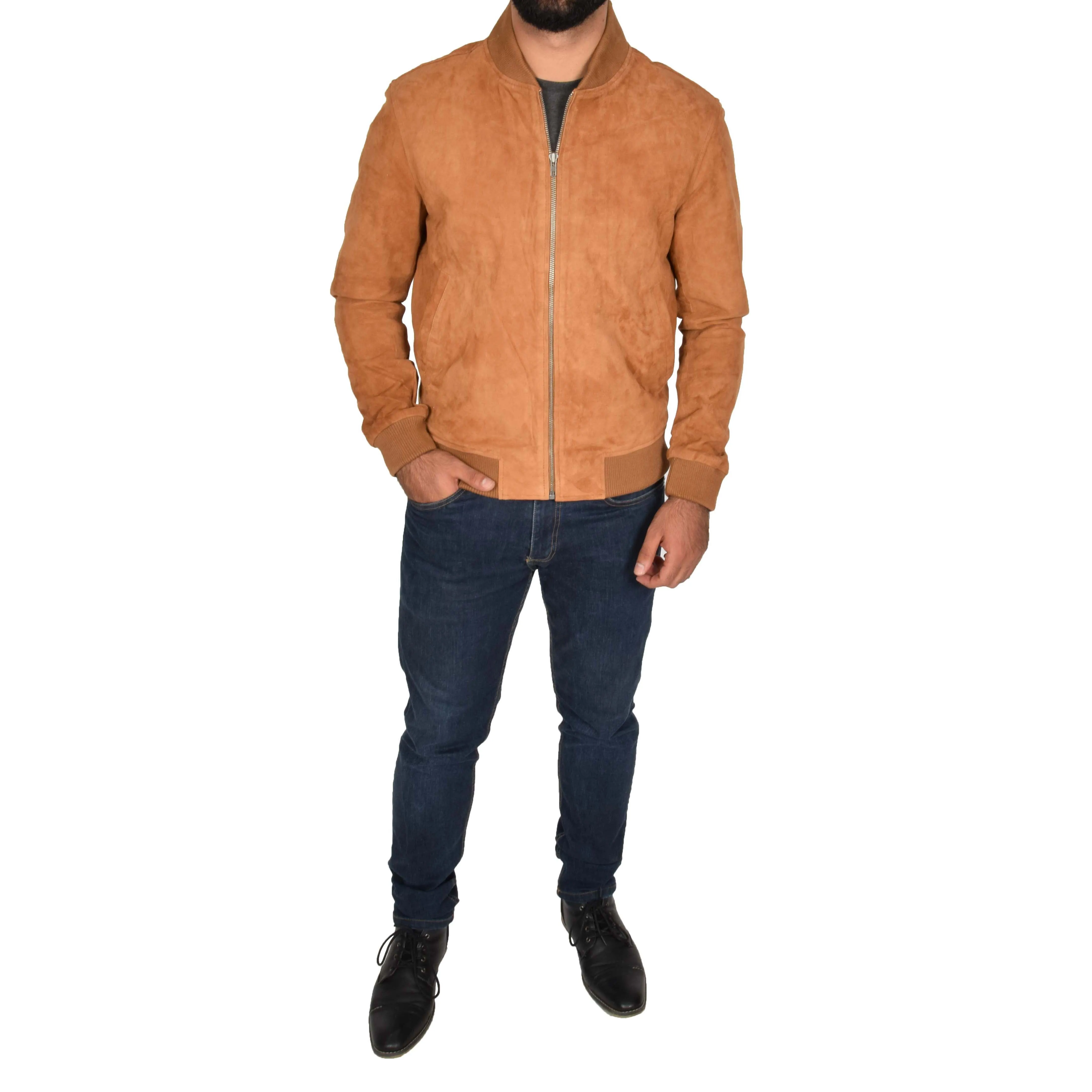 Mens Soft Goat Suede Bomber Varsity Baseball Jacket Blur Tan