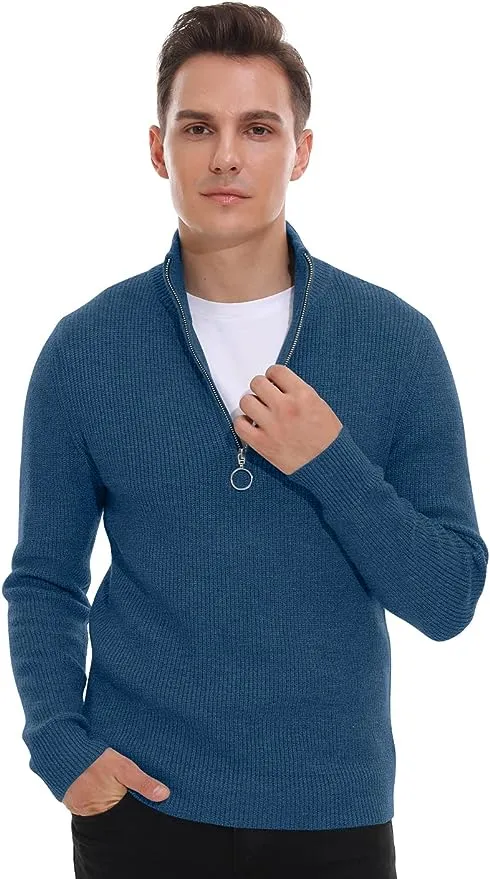 Men's Soft Sweaters Quarter Zip Pullover Classic Ribbed Turtleneck Sweater - Blue