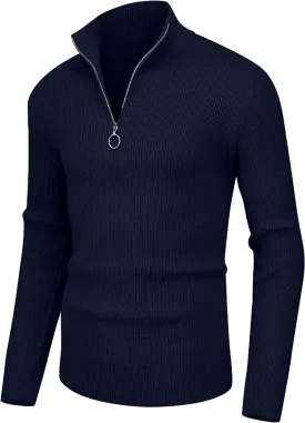 Men's Soft Sweaters Quarter Zip Pullover Classic Ribbed Turtleneck Sweater - Navy