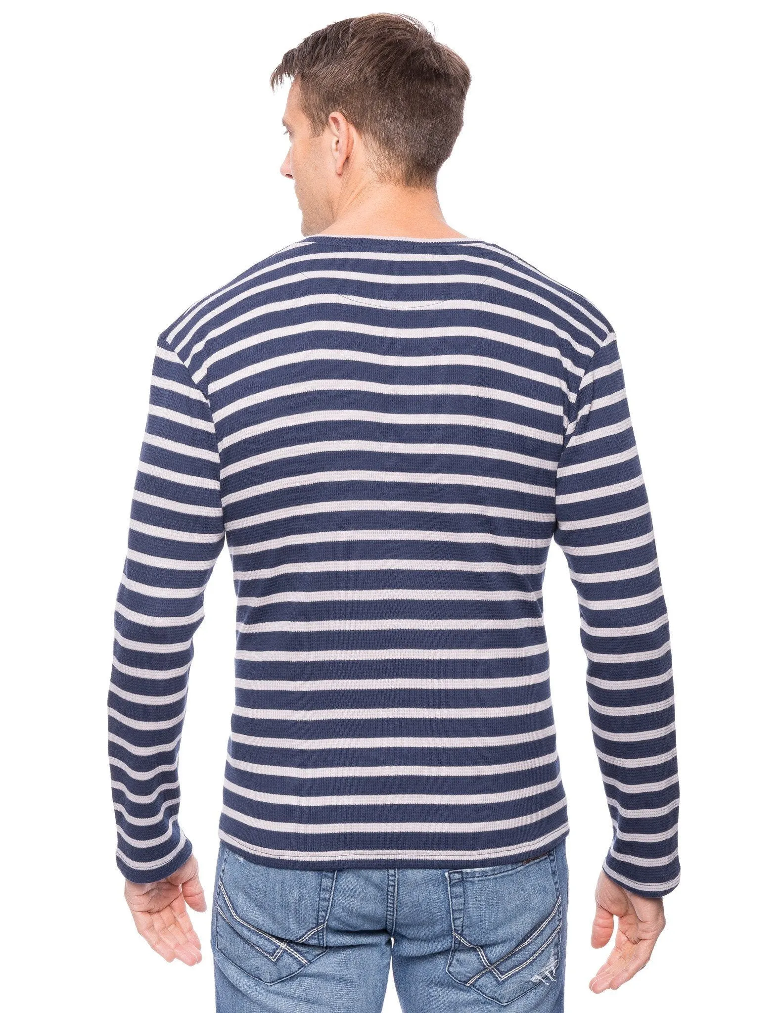 Men's Solid Thermal Henley Long Sleeve T-shirts - Stripes Navy/Heather Grey