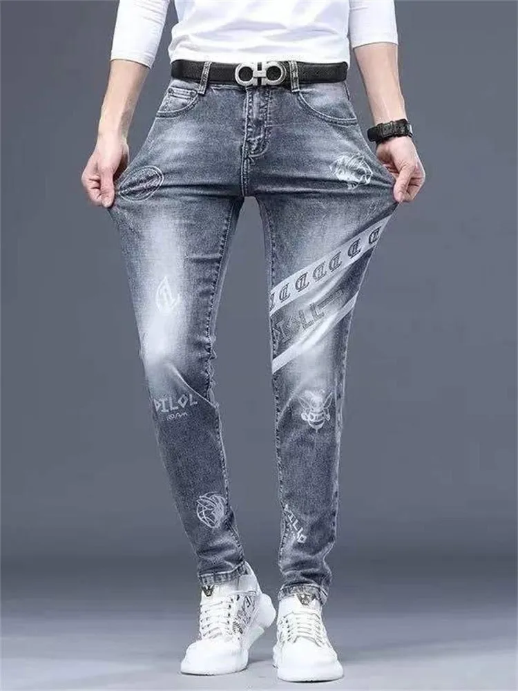 Men's Stretch Denim Print Jeans Slimming Casual Jeans All-match men's Pants - MJN0068