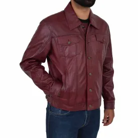 Mens Trucker Soft Leather Jacket Western Denim Style Bond Burgundy