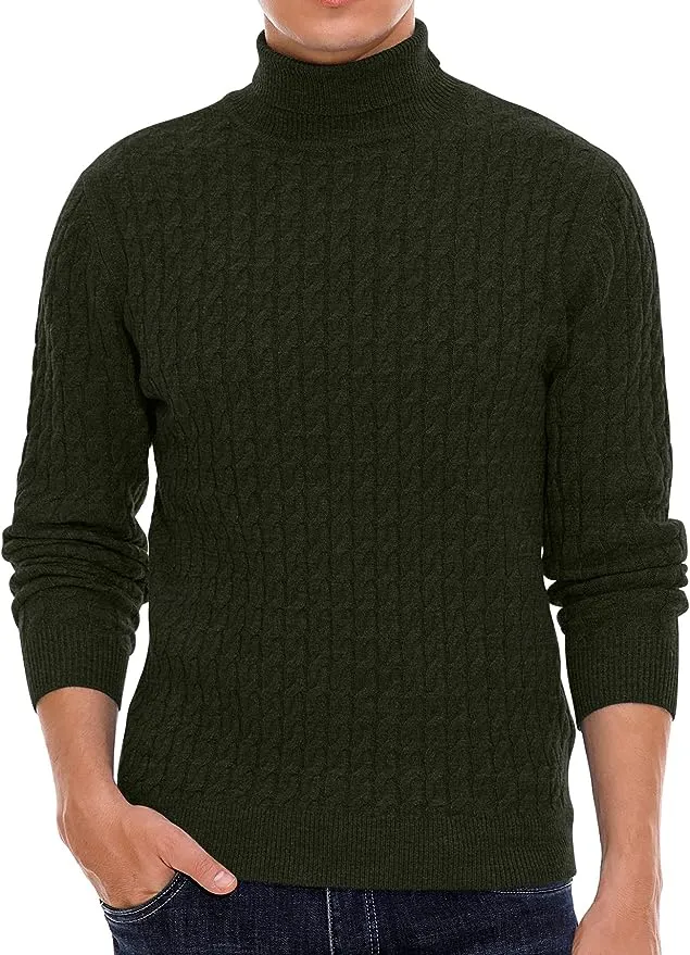 Men's Twisted Knitted Turtleneck Sweater Casual Soft Pullover Sweaters - Army Green