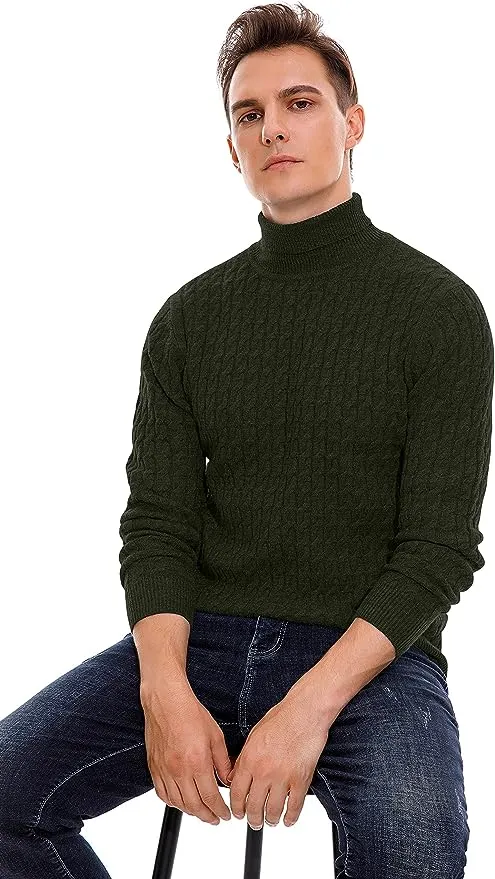 Men's Twisted Knitted Turtleneck Sweater Casual Soft Pullover Sweaters - Army Green