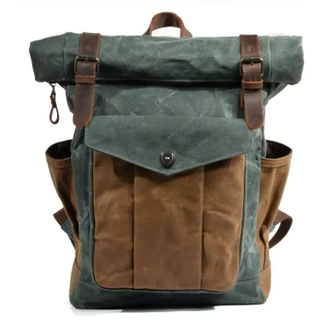 Men's Vintage Cowhide and Canvas Top Rolled Explorer Backpack