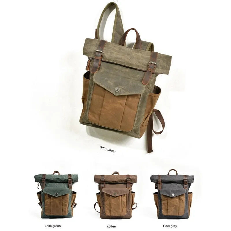 Men's Vintage Cowhide and Canvas Top Rolled Explorer Backpack