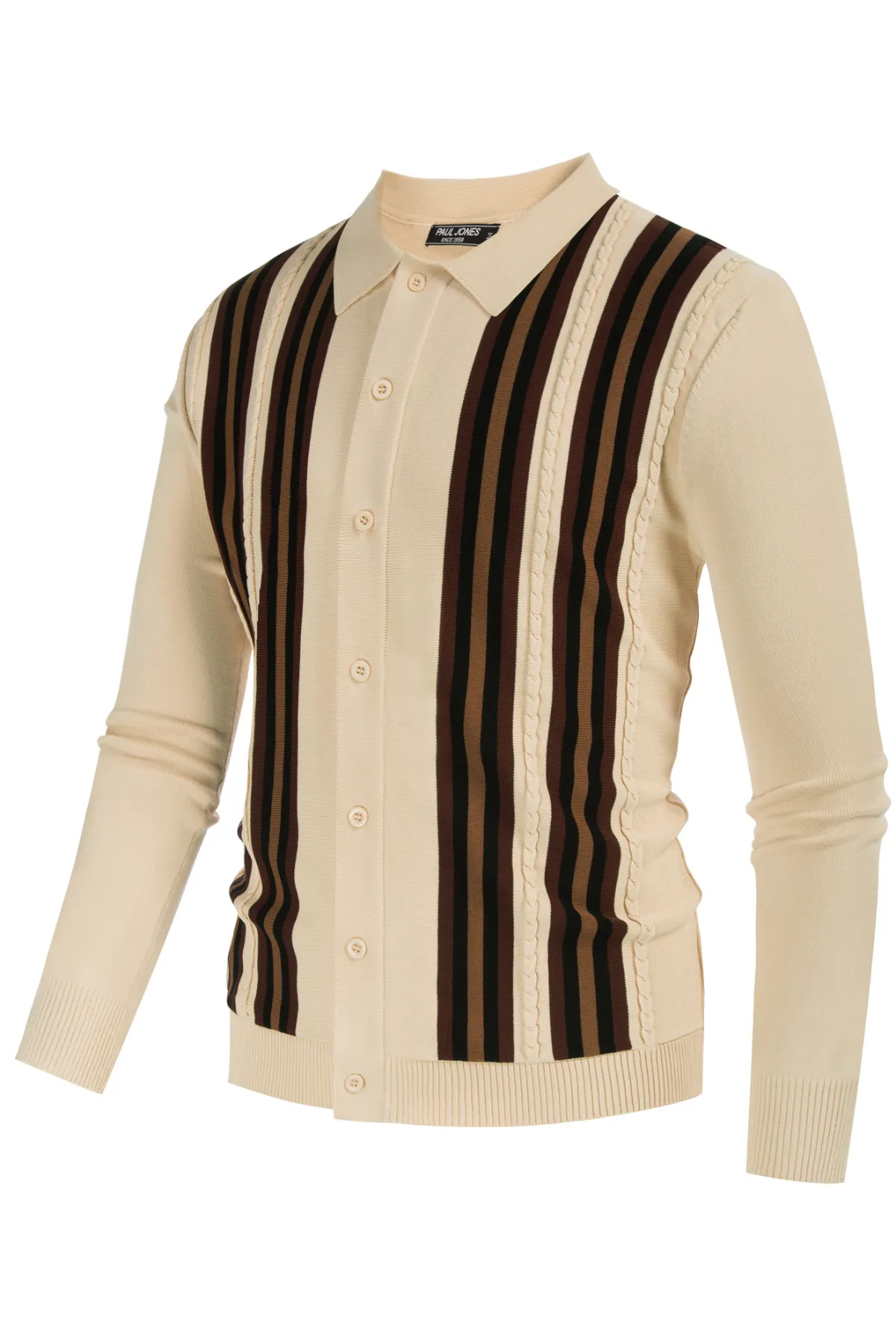 Mens Vintage Striped Knit Polo Shirt Long Sleeve Button Down Cardigan Sweater