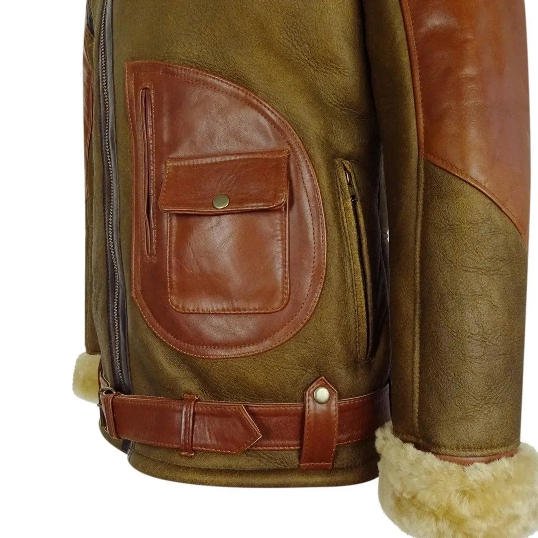 Mens Vintage Tan Real Sheepskin Cross Zip Flying Jacket Pilot Flight Ginger Belt