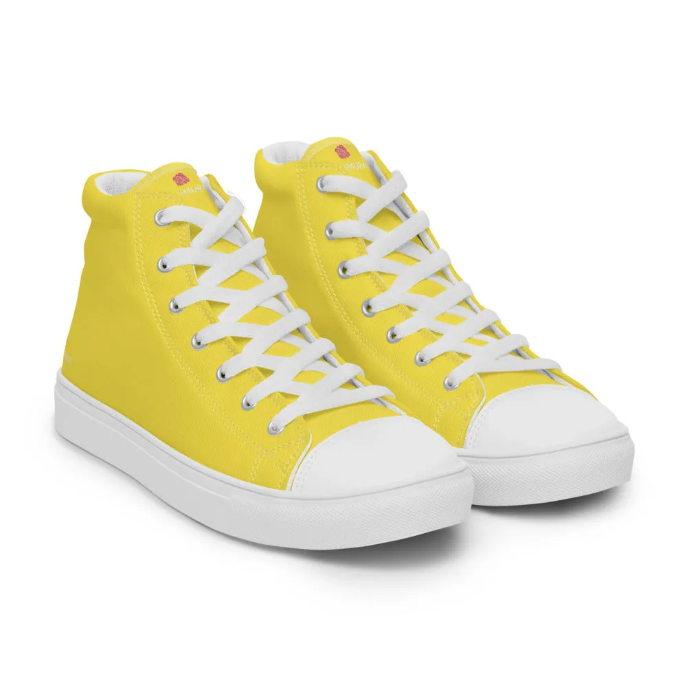 Men's Yellow  High Top Sneakers, Solid Lemon Yellow Color Men’s High Top Canvas Fashion Running Tennis Shoes