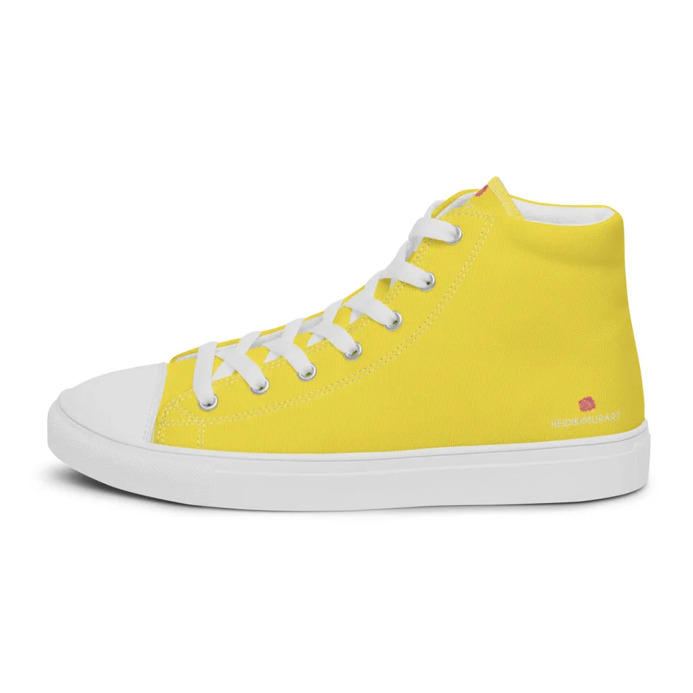 Men's Yellow  High Top Sneakers, Solid Lemon Yellow Color Men’s High Top Canvas Fashion Running Tennis Shoes