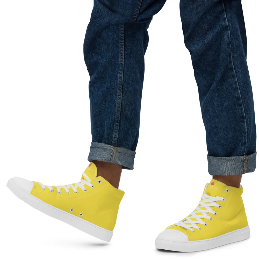 Men's Yellow  High Top Sneakers, Solid Lemon Yellow Color Men’s High Top Canvas Fashion Running Tennis Shoes