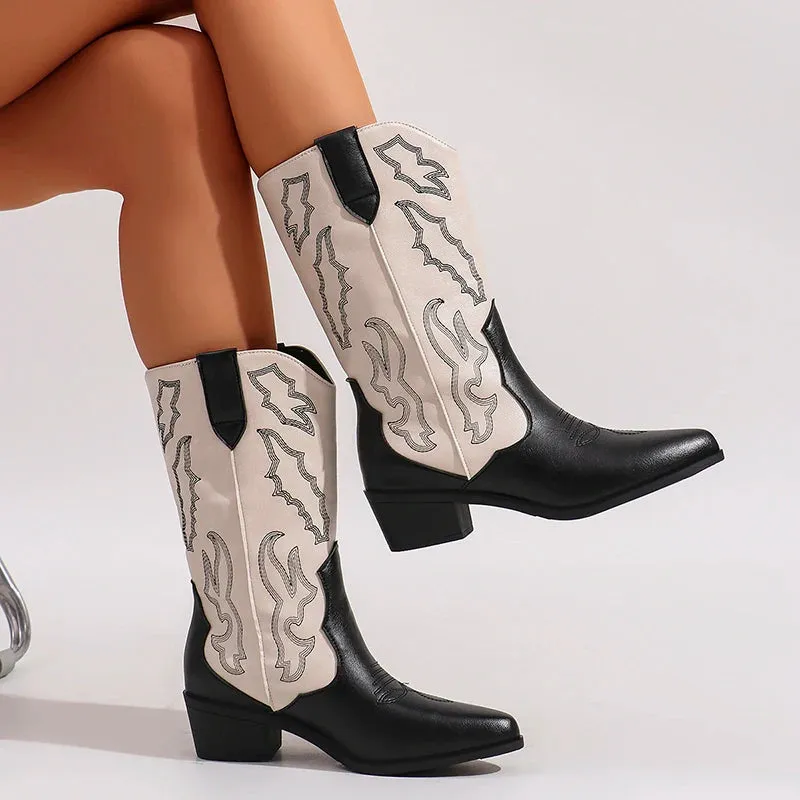 Merendy Milk tea High Chunky Heeled embroidered Mid-calf cowboy boot