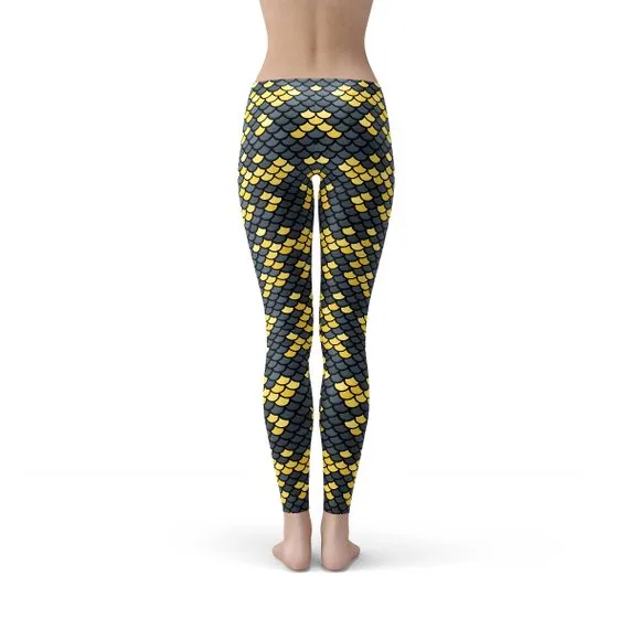 Mermaid Leggings with Dark Gray and Yellow Fish Scales Pattern Print