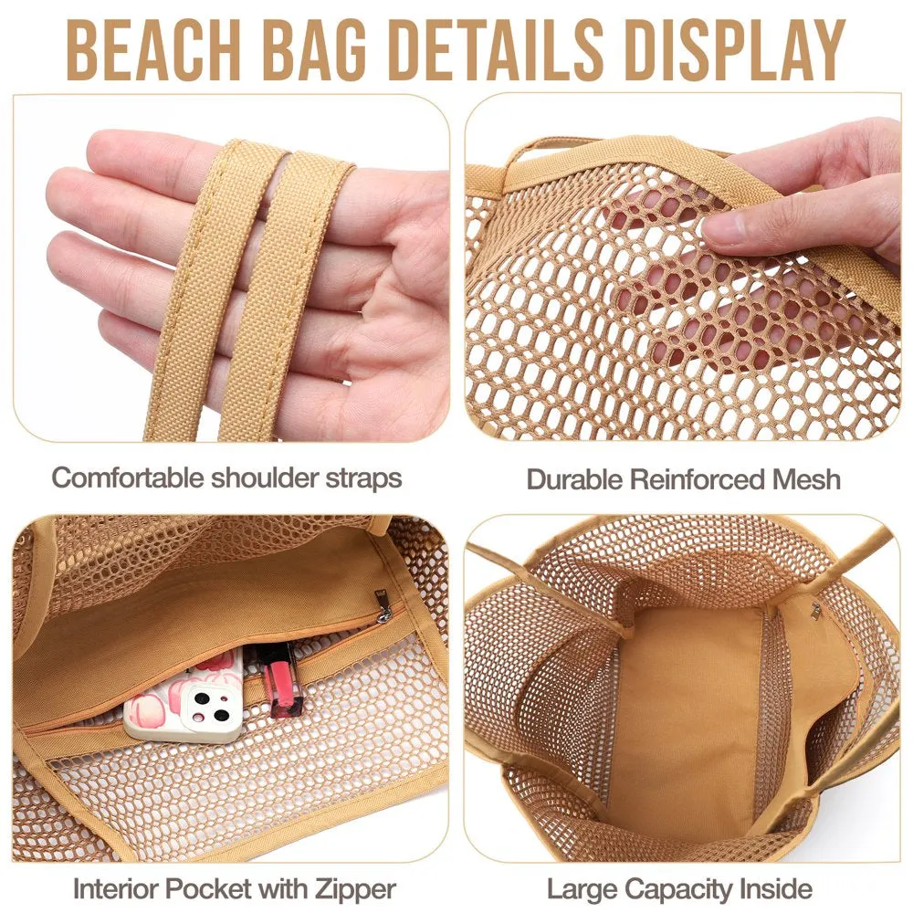 Mesh Beach Bag, Tote Bag for Women Large Foldable Mesh Swimming Bag with Pockets - Sandproof, Waterproof