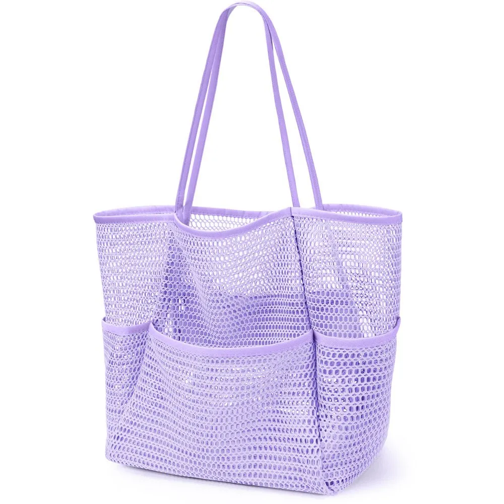 Mesh Beach Bag, Tote Bag for Women Large Foldable Mesh Swimming Bag with Pockets - Sandproof, Waterproof