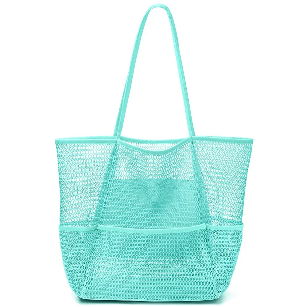 Mesh Beach Bag, Tote Bag for Women Large Foldable Mesh Swimming Bag with Pockets - Sandproof, Waterproof