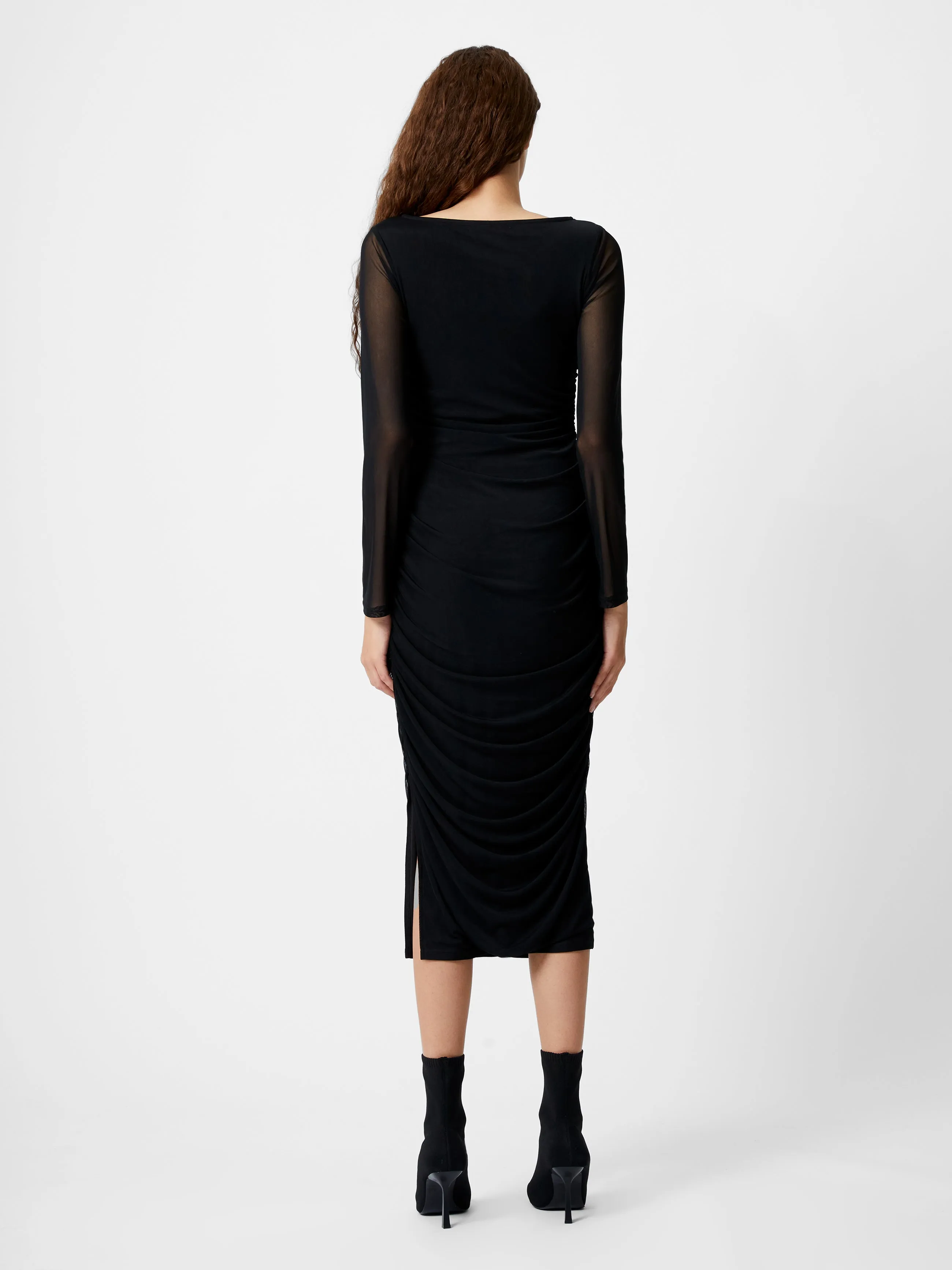 Mesh Ruched Long Sleeve Midi Dress