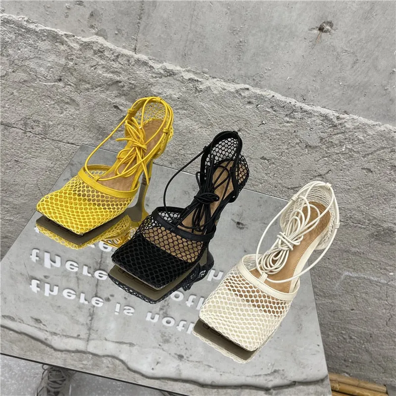 Mesh Square Toe Strap Pumps Sandals