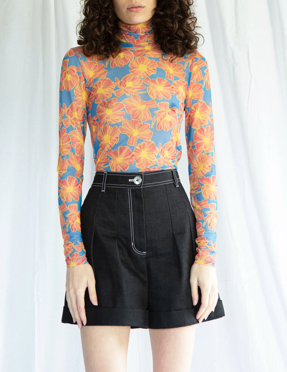 Mesh Turtleneck Top in Orange Floral Print