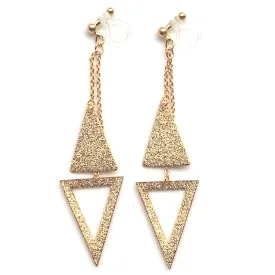 Metallic gold double triangle invisible clip on earrings