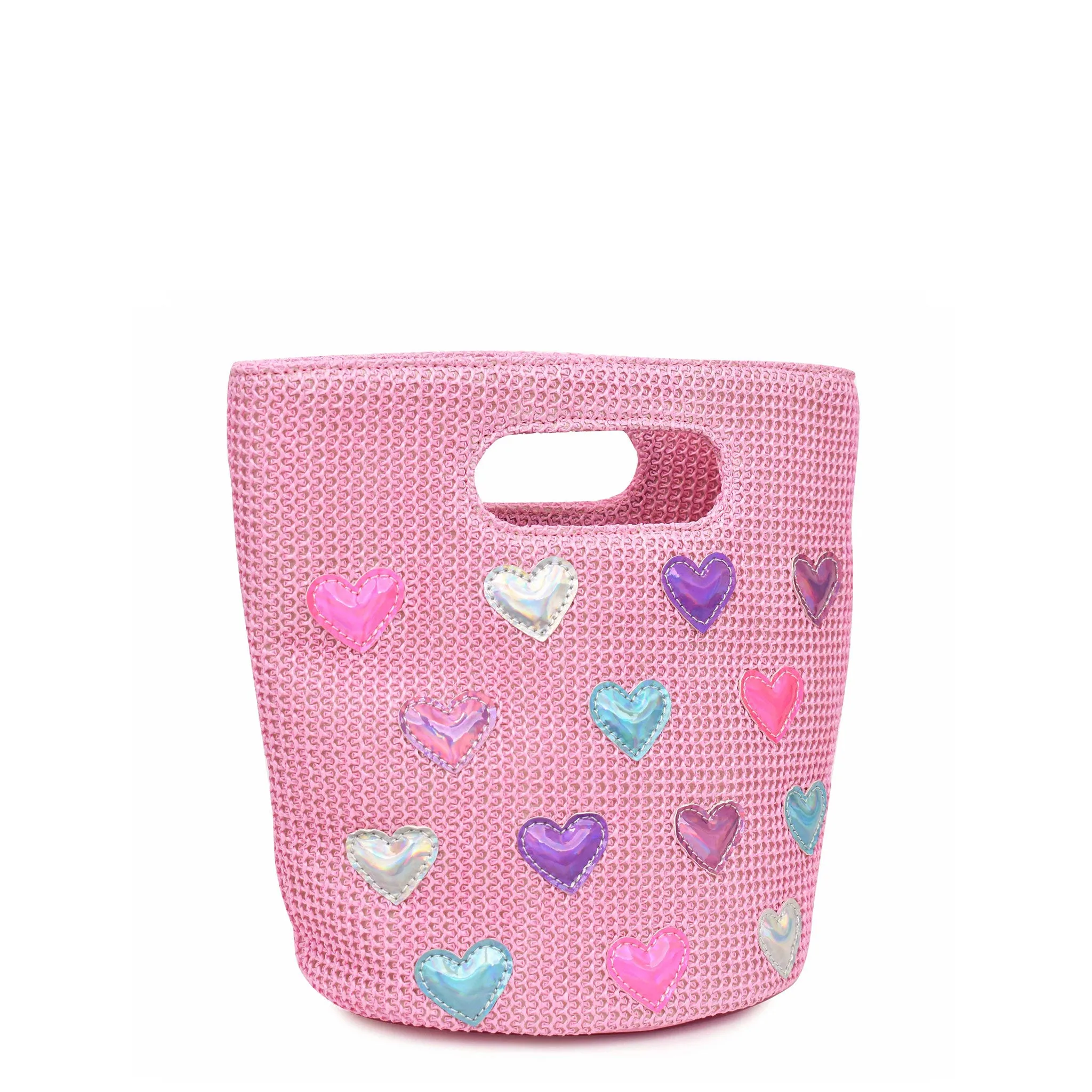 Metallic Heart-Patched Pink Straw Top-Handle Tote Bag