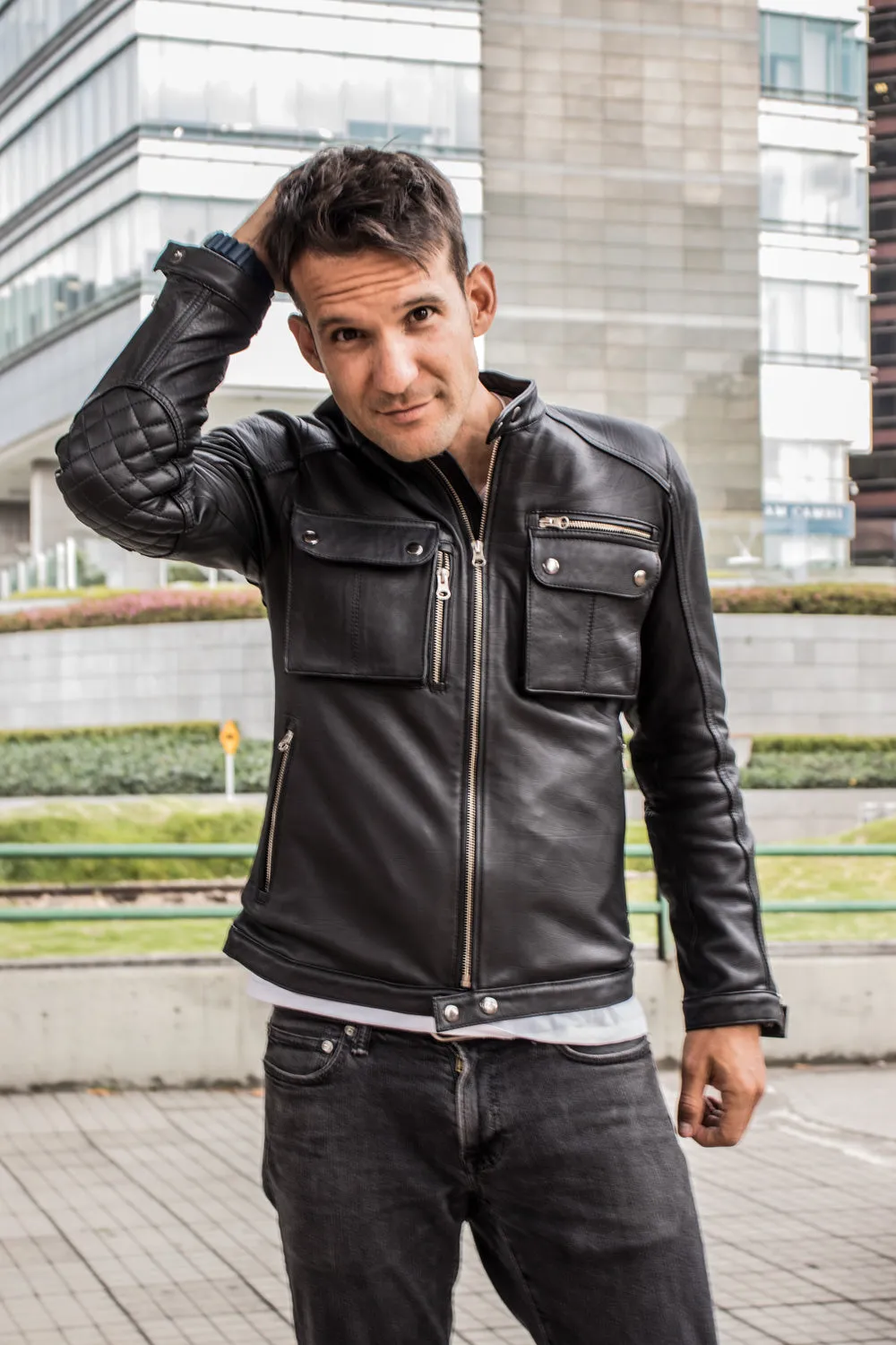 MI6 Leather Jacket - Double Cargo Pockets in  Black