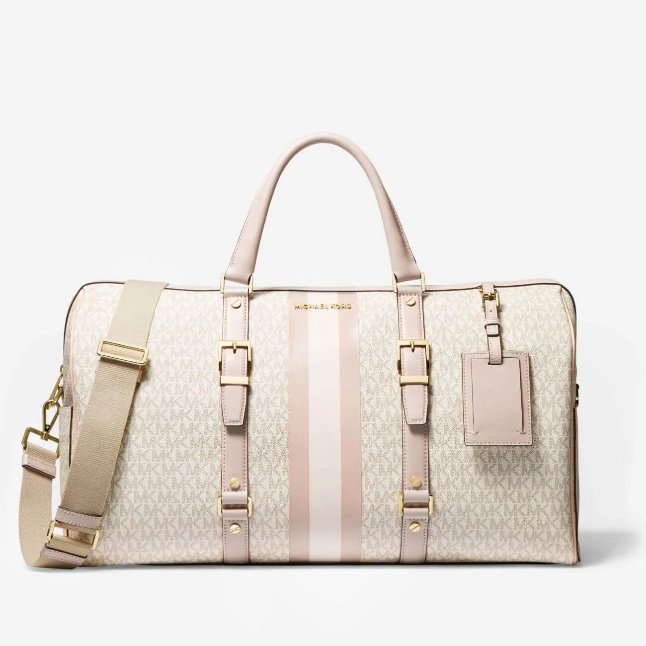 Michael Michael Kors Bedford Travel Extra-Large Logo Stripe Weekender Travel Bag, Vanilla/Baby Pink