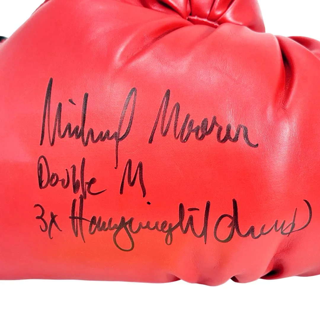 Michael Moorer Signed Double M 3x Heavyweight Champ Inscription Red Boxing Glove (JSA)