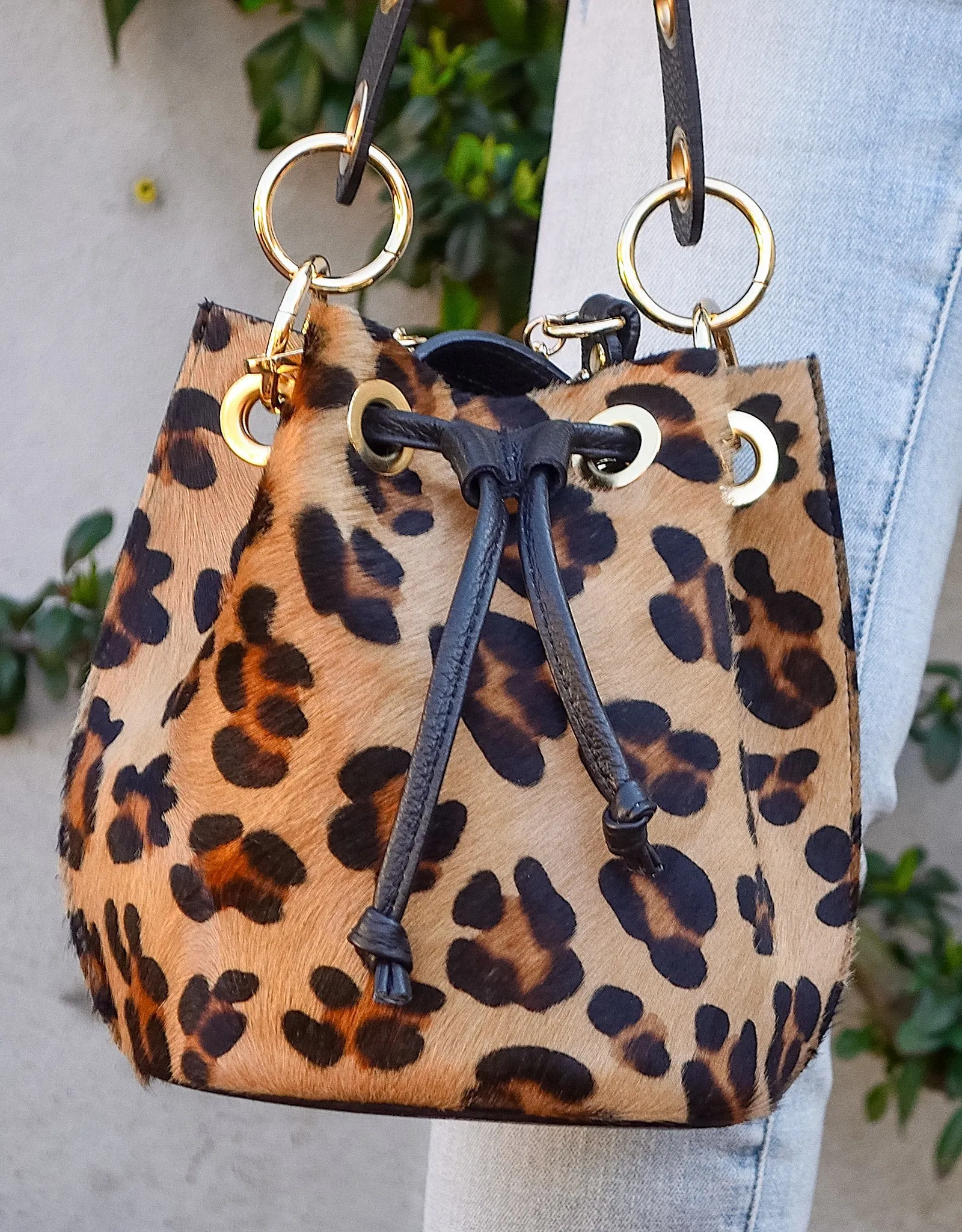 Mila Genuine Leather Pony Hair Bucket Bag | Leopard