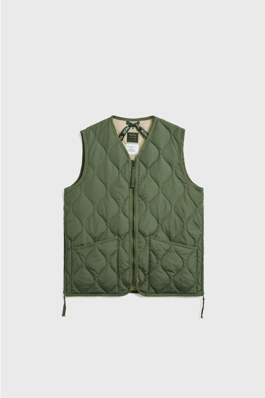 Military Zip V Neck Down Vest - Olive